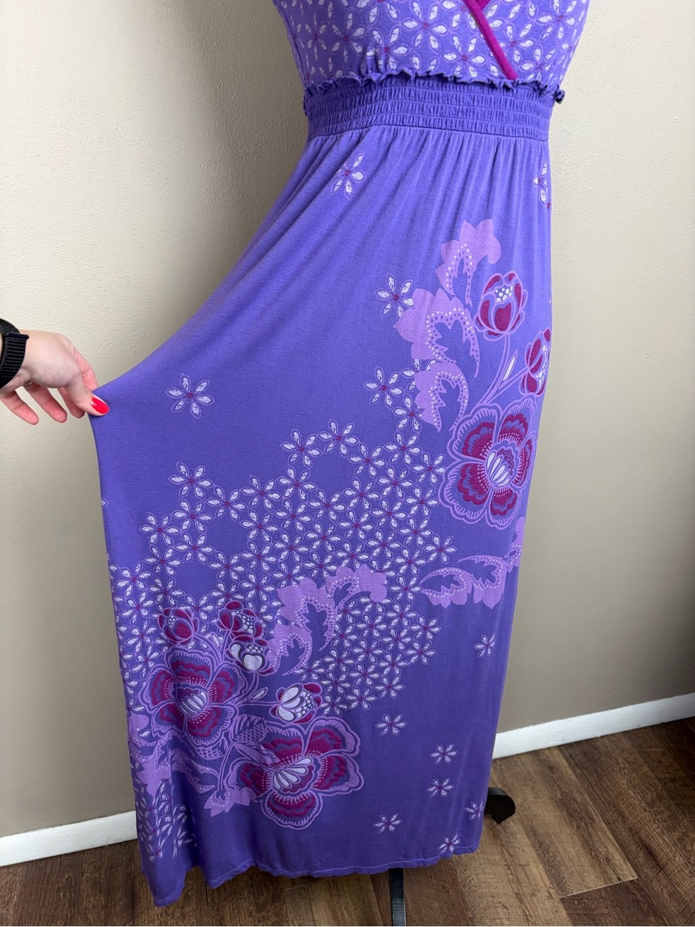 Aeropostale Purple Floral Boho Y2K Maxi Dress Surfer Hippie V-Neck Halter M EUC - Picture 7 of 16